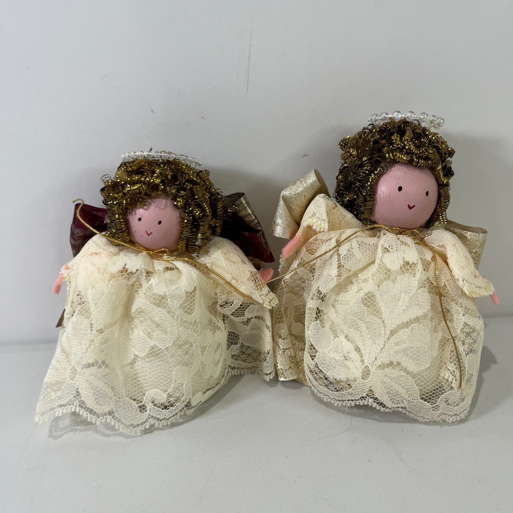 Vintage Angel Christmas Ornaments Set of 2 Wood Head Lace Gold Tinsel Tree
